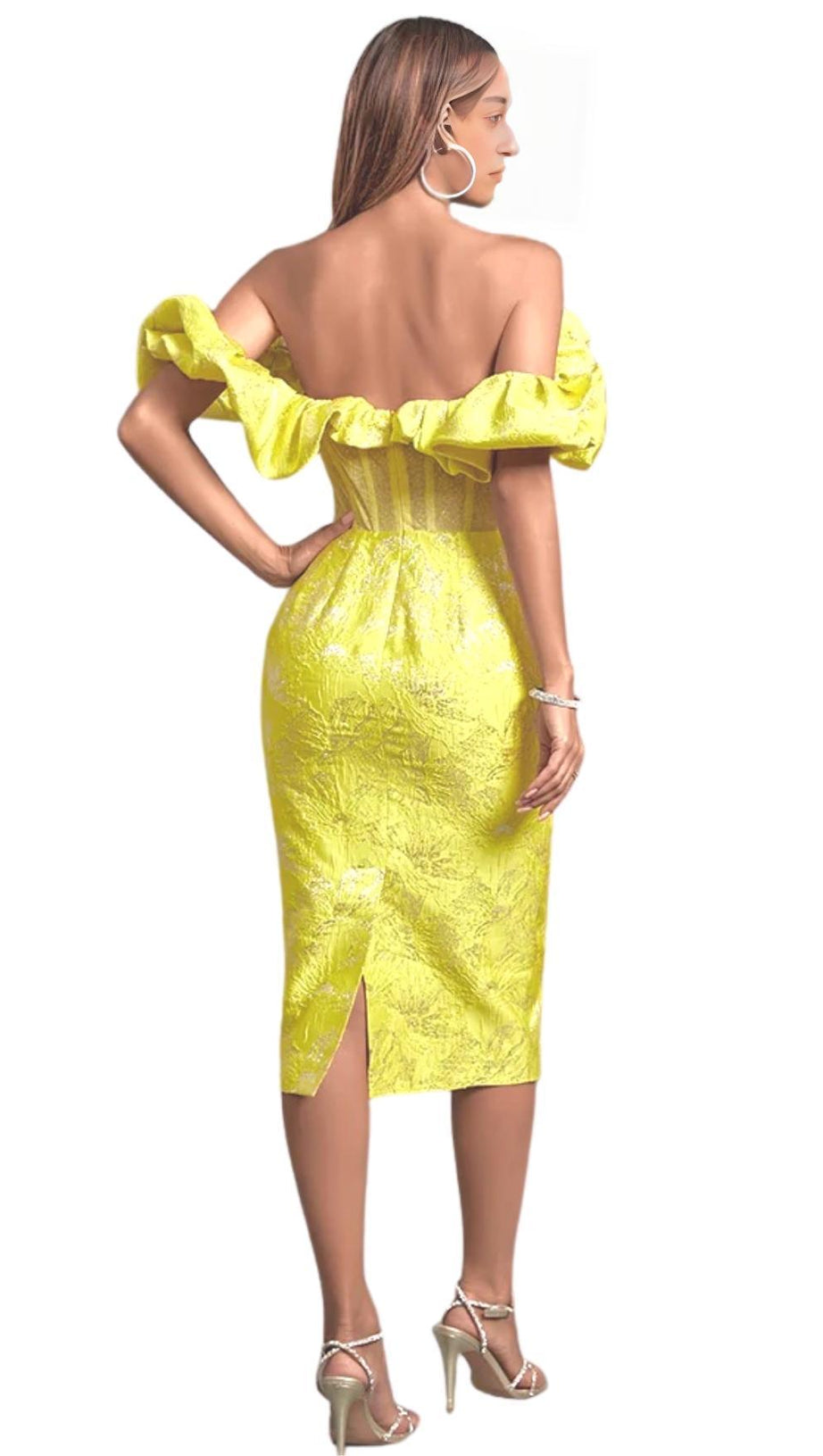JACQUARD STRAPLESS MIDI DRESS IN YELLOW