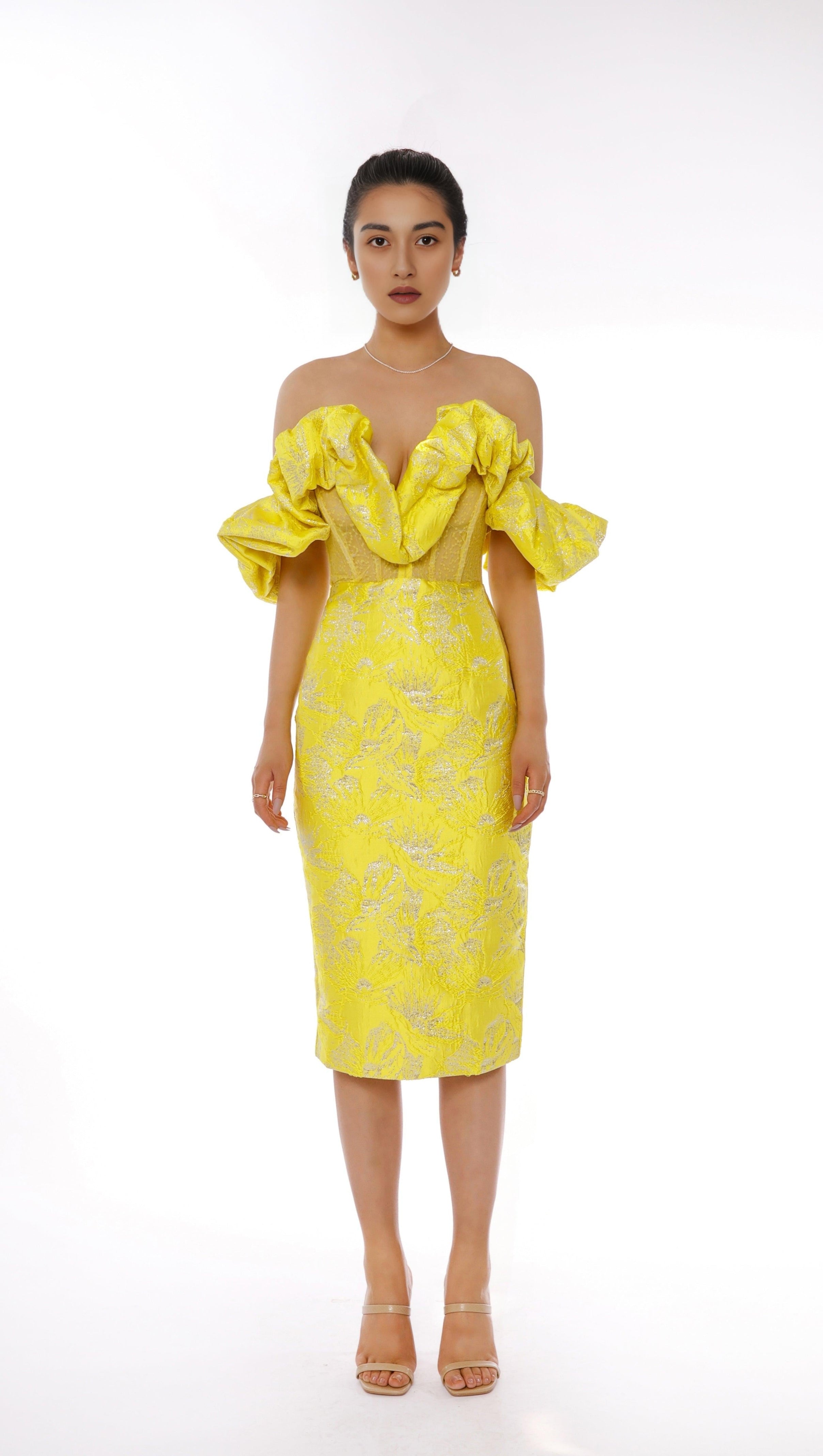 AIIZIE JACQUARD STRAPLESS MIDI DRESS IN YELLOW - product image