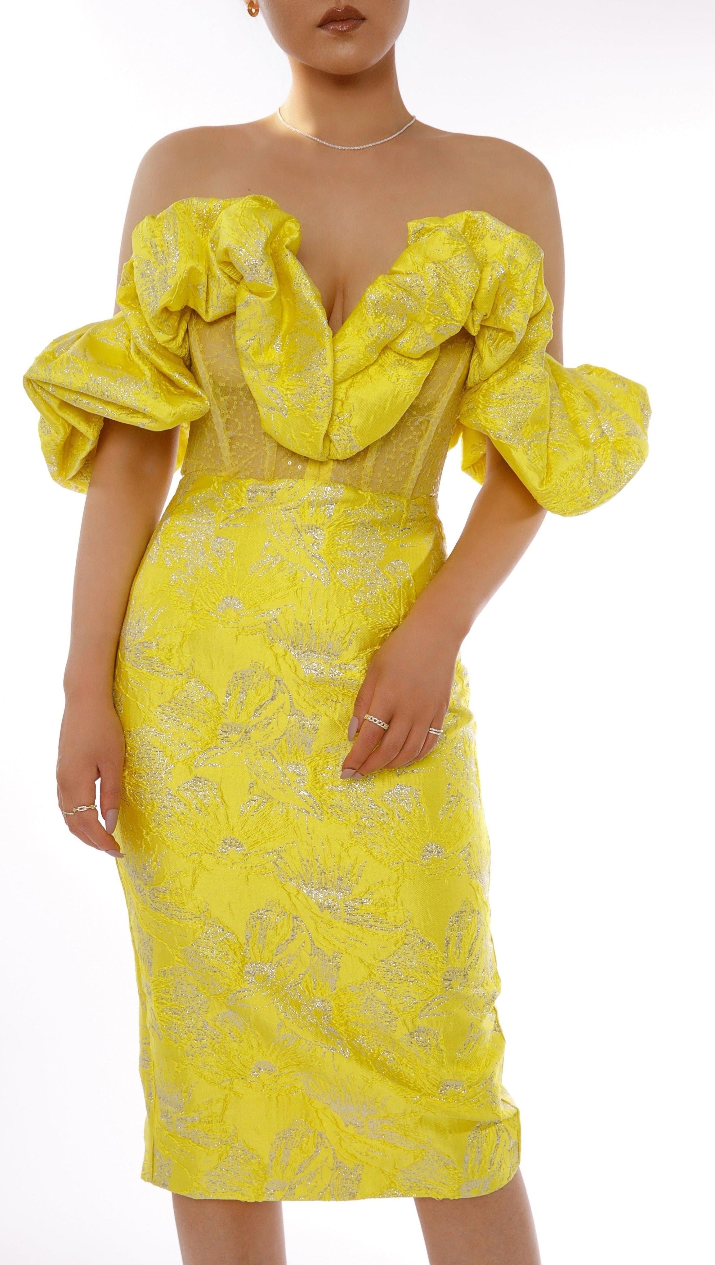 JACQUARD STRAPLESS MIDI DRESS IN YELLOW