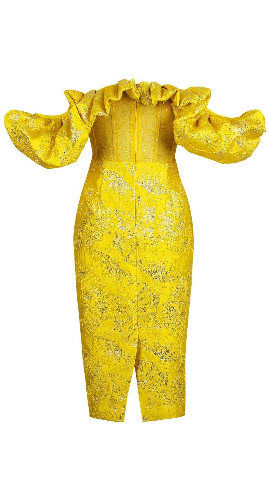 JACQUARD STRAPLESS MIDI DRESS IN YELLOW