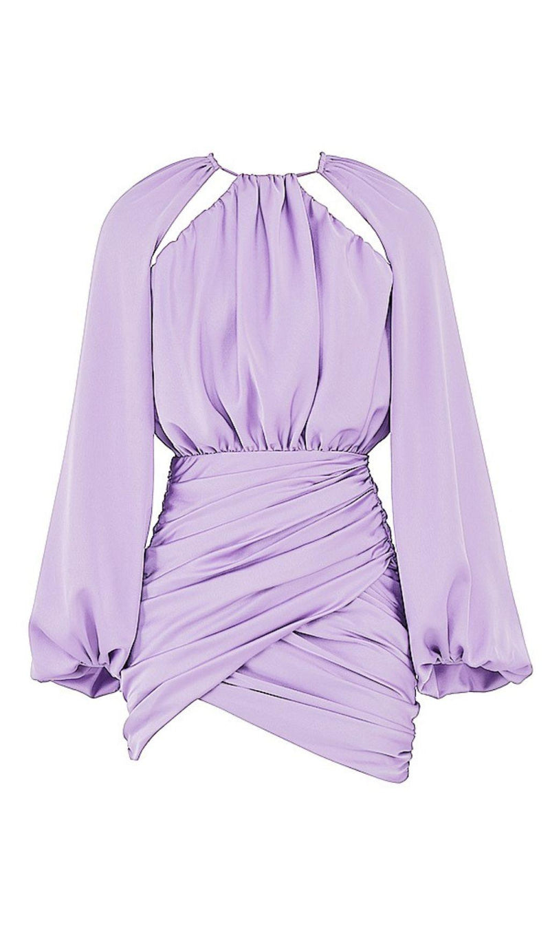 SATIN WRAP FRONT MINI DRESS IN PURPLE