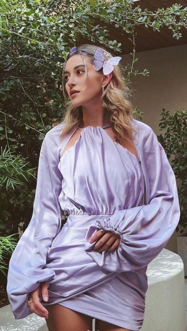 AIIZIE SATIN WRAP FRONT MINI DRESS IN PURPLE - product image