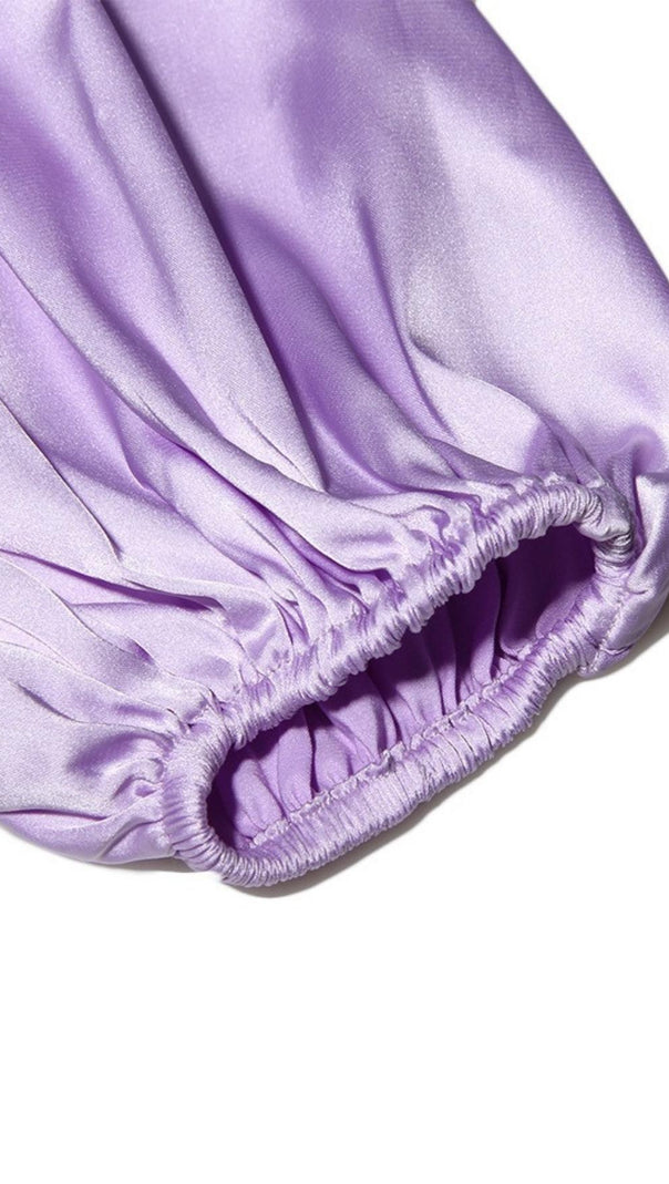 MINI ABITO IN RASO CON AVVOLGIMENTO FRONTALE VIOLA