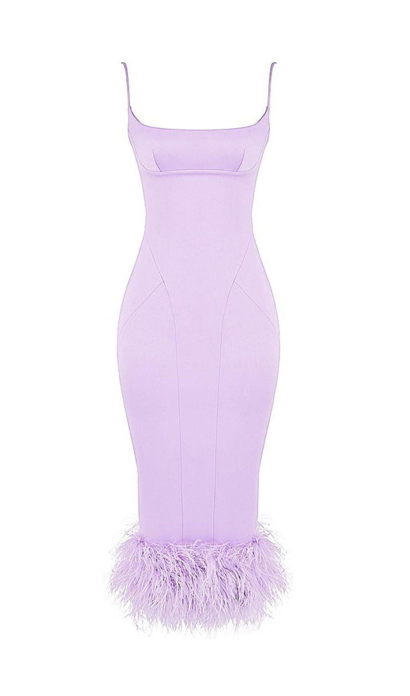 SATIN FEATHER TRIM MIDI DRESS IN PURPLE