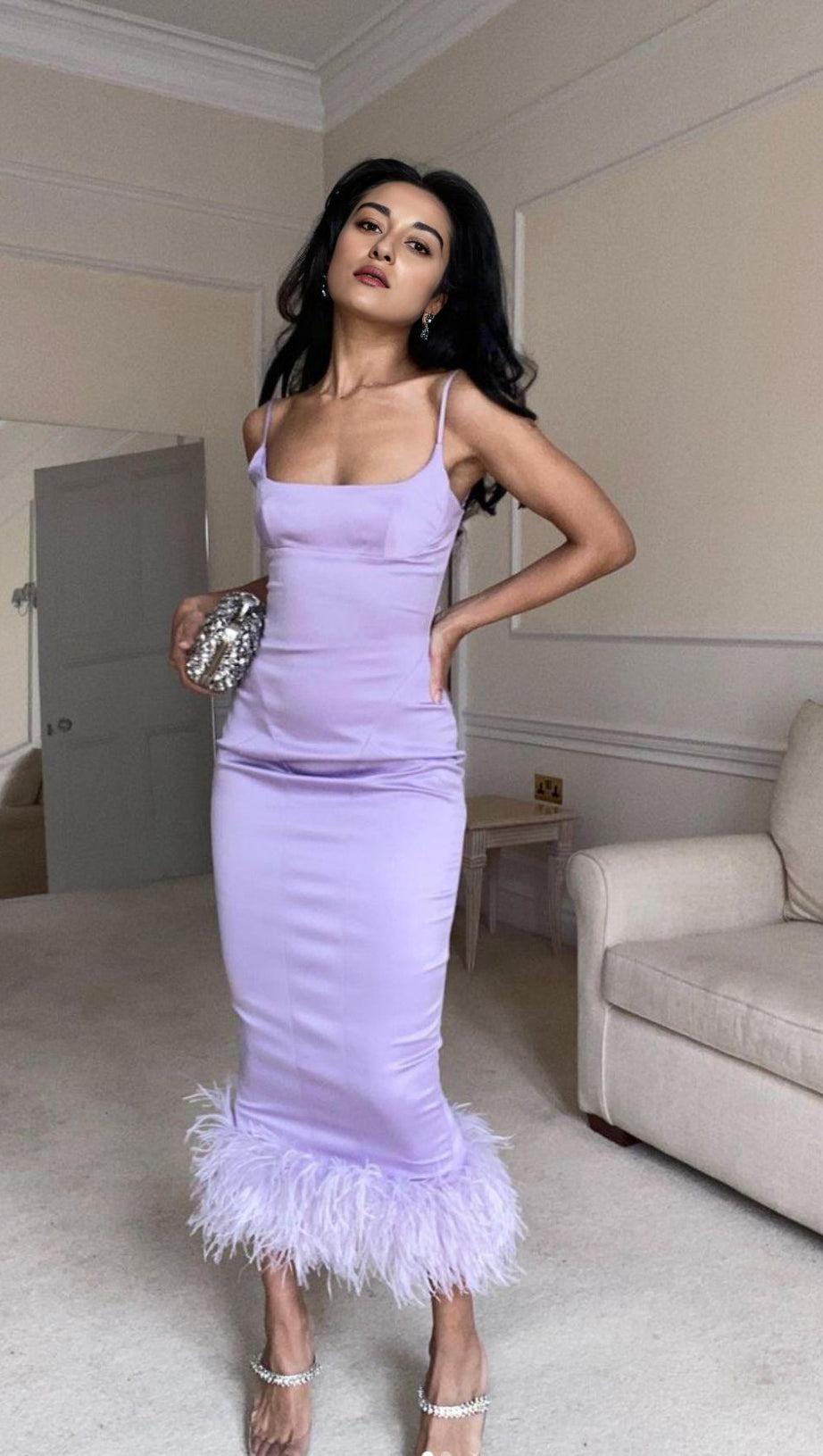SATIN FEATHER TRIM MIDI DRESS IN PURPLE