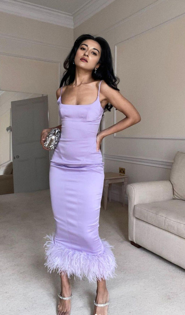 SATIN FEATHER TRIM MIDI DRESS IN PURPLE