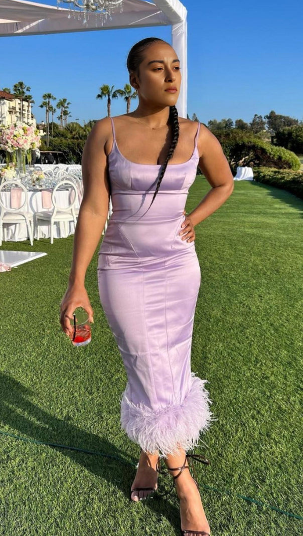 AIIZIE SATIN FEATHER TRIM MIDI DRESS IN PURPLE - product image