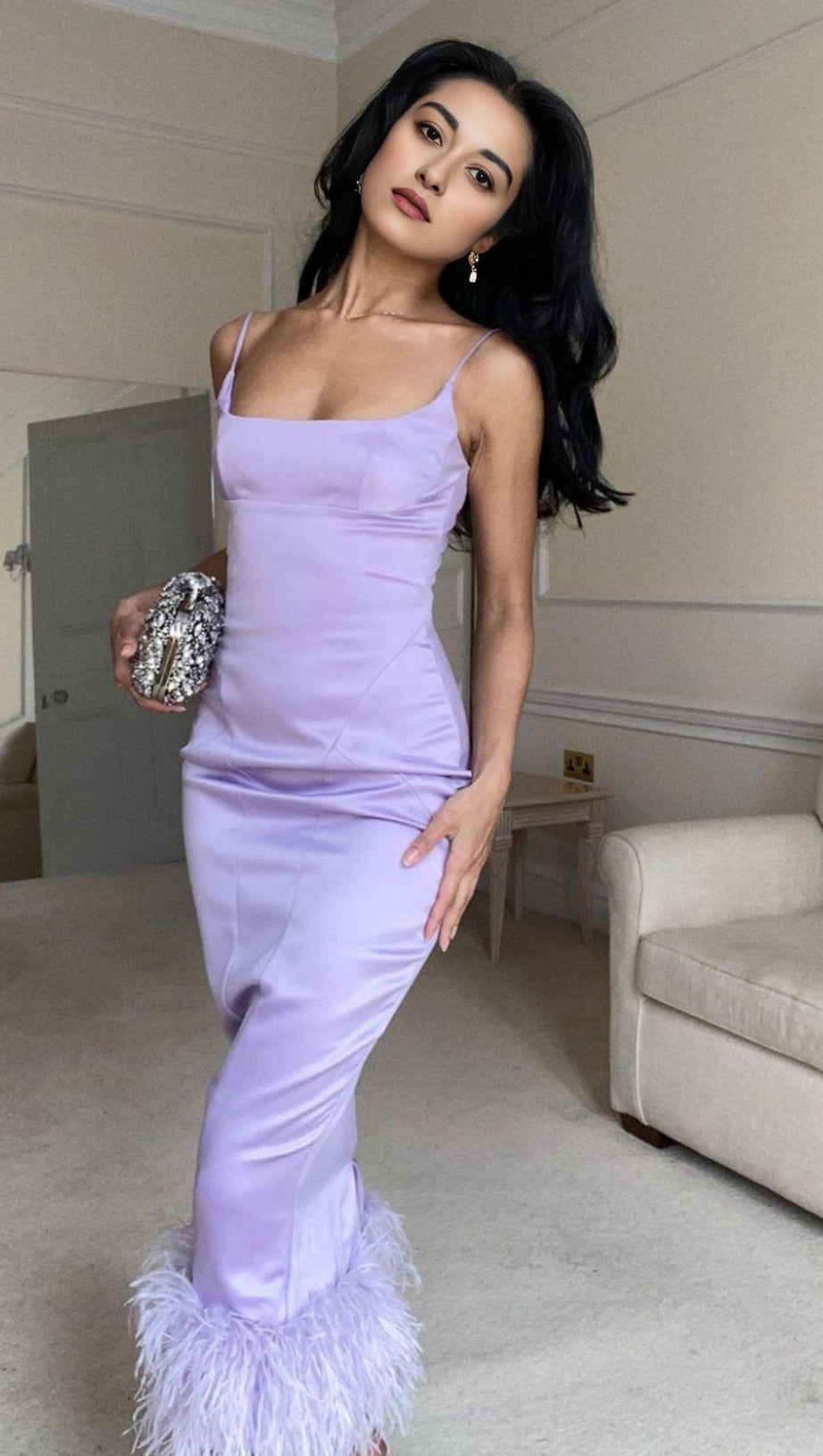 SATIN FEATHER TRIM MIDI DRESS IN PURPLE