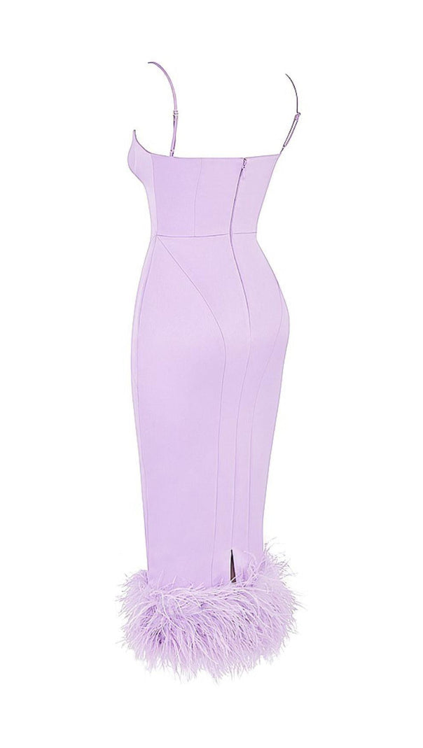 AIIZIE SATIN FEATHER TRIM MIDI DRESS IN PURPLE - product image