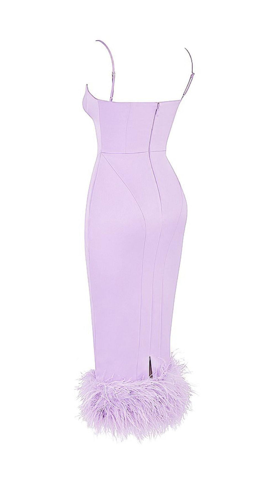 SATIN FEATHER TRIM MIDI DRESS IN PURPLE