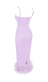 SATIN FEATHER TRIM MIDI DRESS IN PURPLE