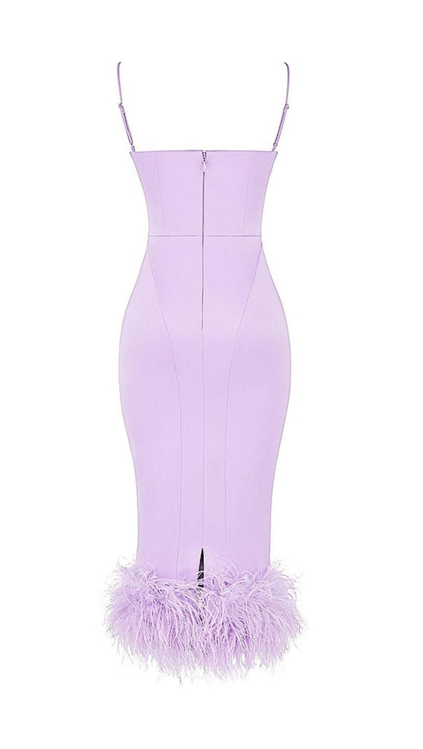 AIIZIE SATIN FEATHER TRIM MIDI DRESS IN PURPLE - product image