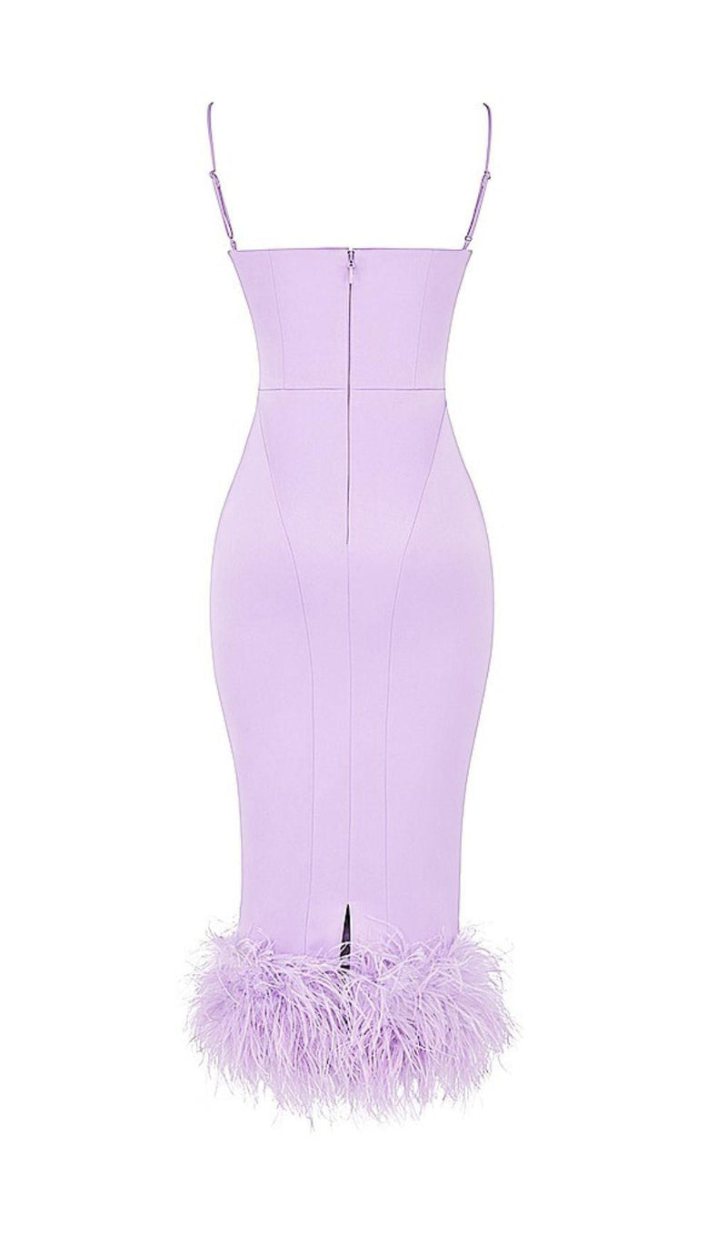 SATIN FEATHER TRIM MIDI DRESS IN PURPLE