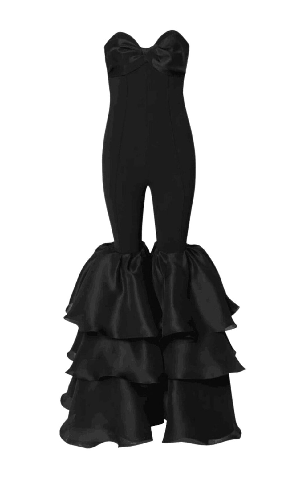 BLACK STRAPLESS JUMPSUIT WITH TIERED RUFFLE HEM