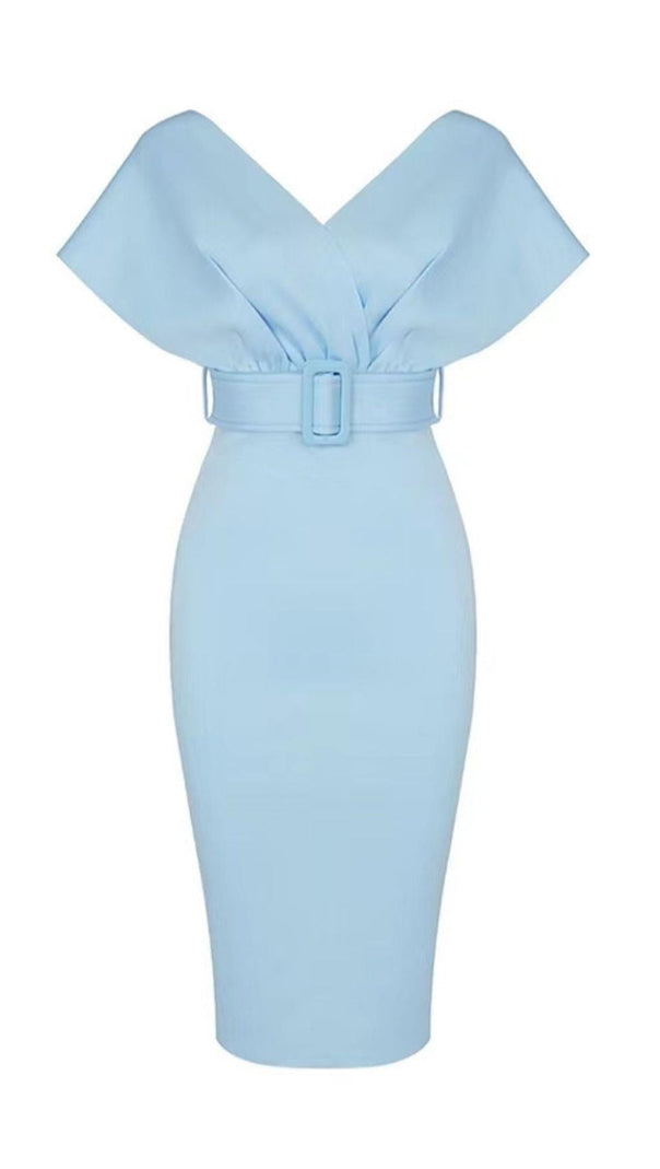 AIIZIE OFF SHOULDER V NECK BODYCON MIDI DRESS IN BLUE - product image