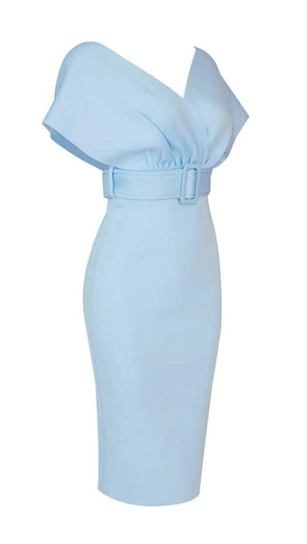 AIIZIE OFF SHOULDER V NECK BODYCON MIDI DRESS IN BLUE - product image