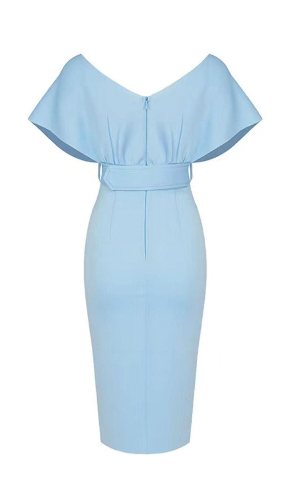 OFF SHOULDER V NECK BODYCON MIDI DRESS IN BLUE