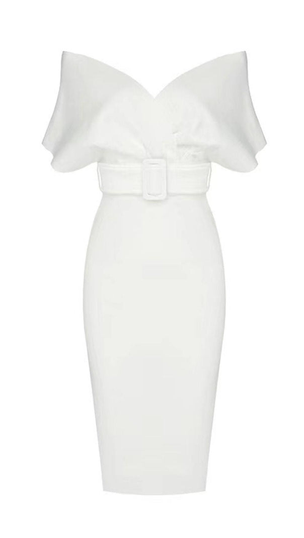 AIIZIE OFF SHOULDER V NECK BODYCON MIDI DRESS IN WHITE - product image