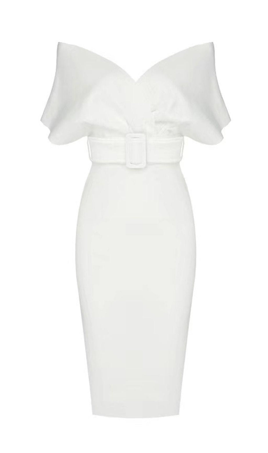 ABITO MIDI ADERENTE CON SCOLLO A V E SPALLE SCOPERTE IN BIANCO