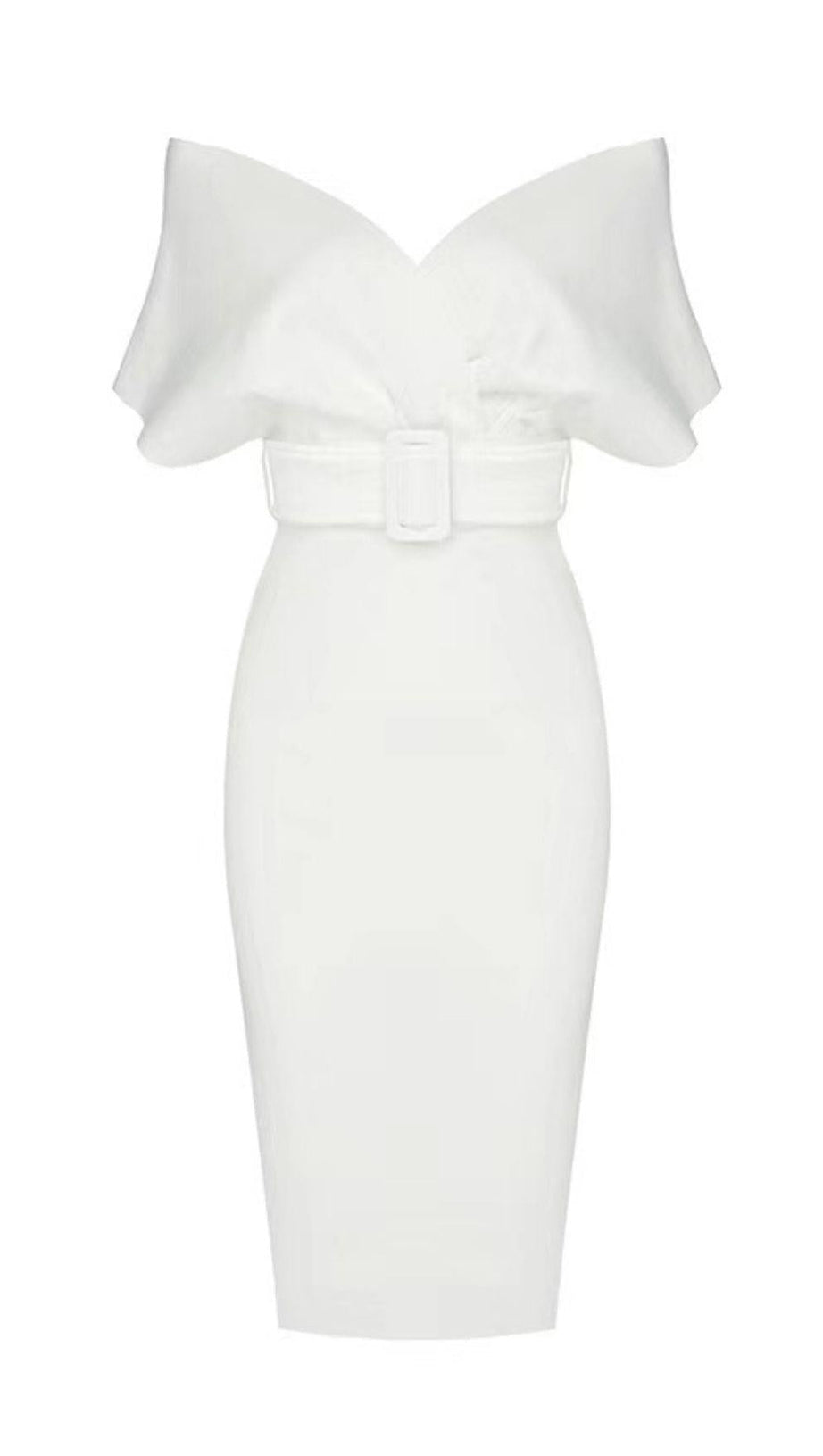ABITO MIDI ADERENTE CON SCOLLO A V E SPALLE SCOPERTE IN BIANCO