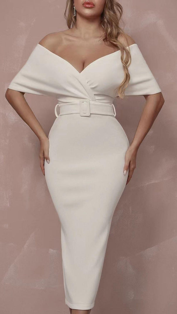 AIIZIE OFF SHOULDER V NECK BODYCON MIDI DRESS IN WHITE - product image