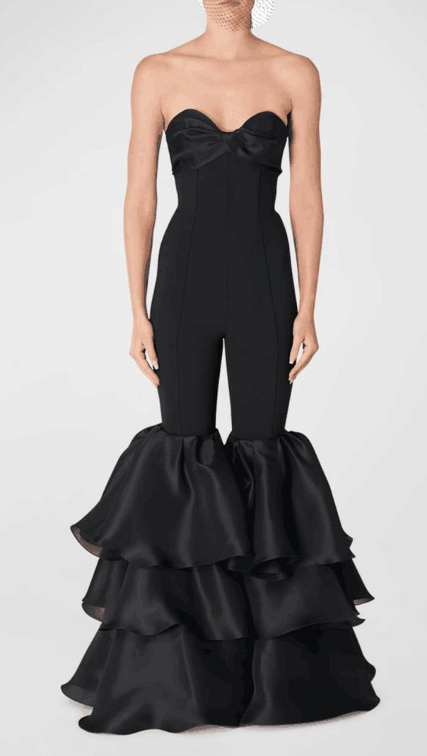 AIIZIE BLACK STRAPLESS JUMPSUIT WITH TIERED RUFFLE HEM - product image
