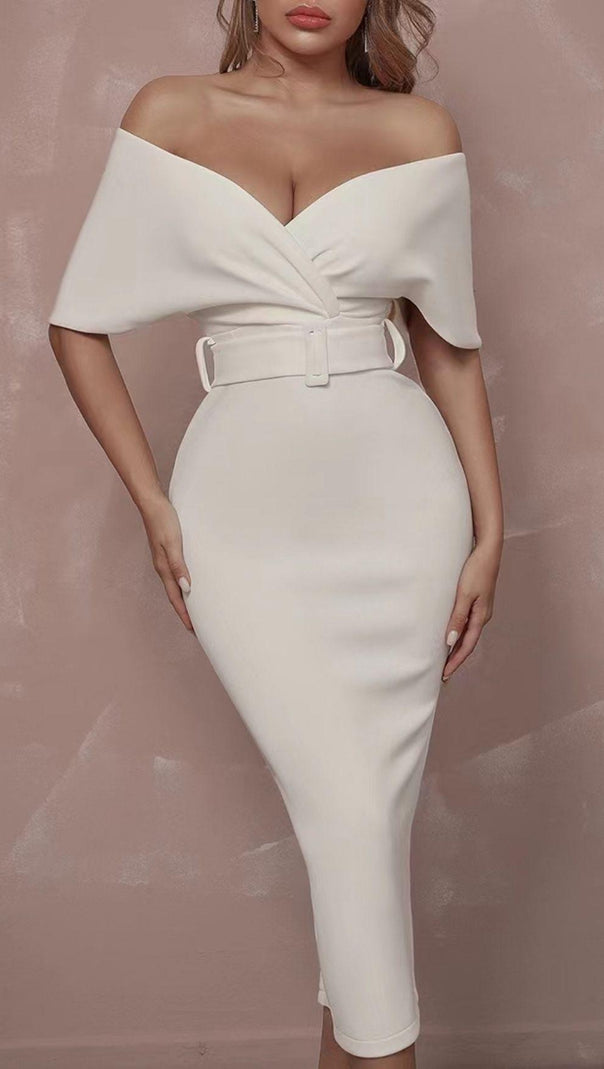 AIIZIE OFF SHOULDER V NECK BODYCON MIDI DRESS IN WHITE - product image