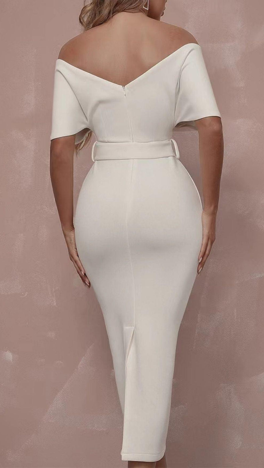 OFF SHOULDER V NECK BODYCON MIDI DRESS IN WHITE