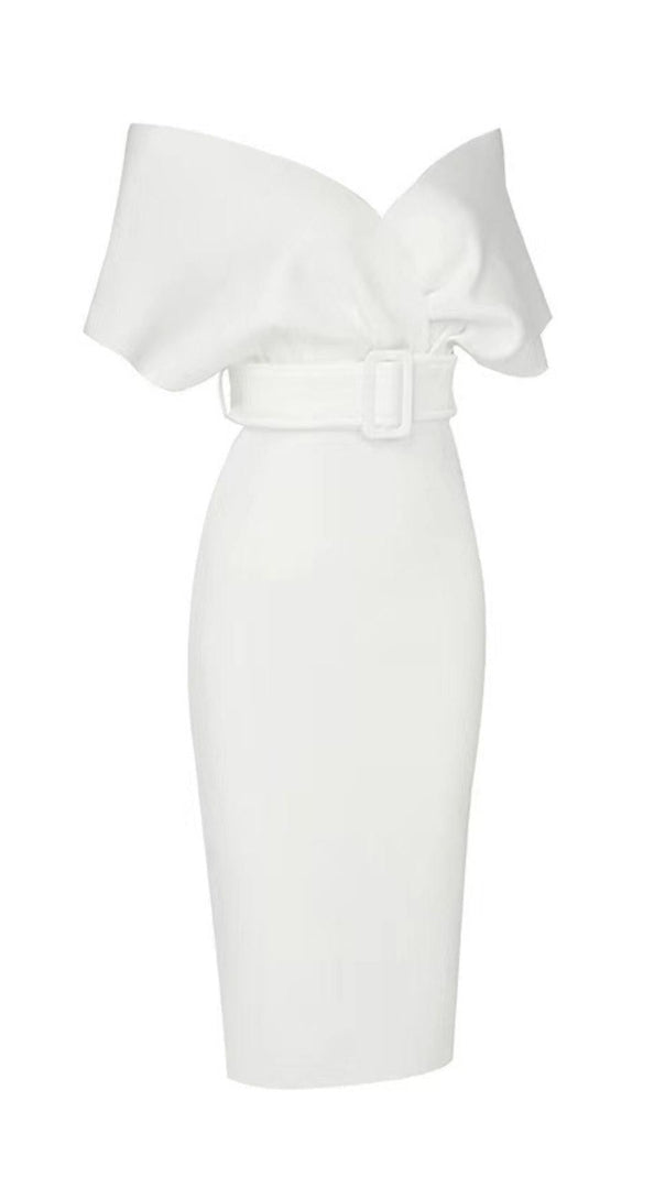 AIIZIE OFF SHOULDER V NECK BODYCON MIDI DRESS IN WHITE - product image