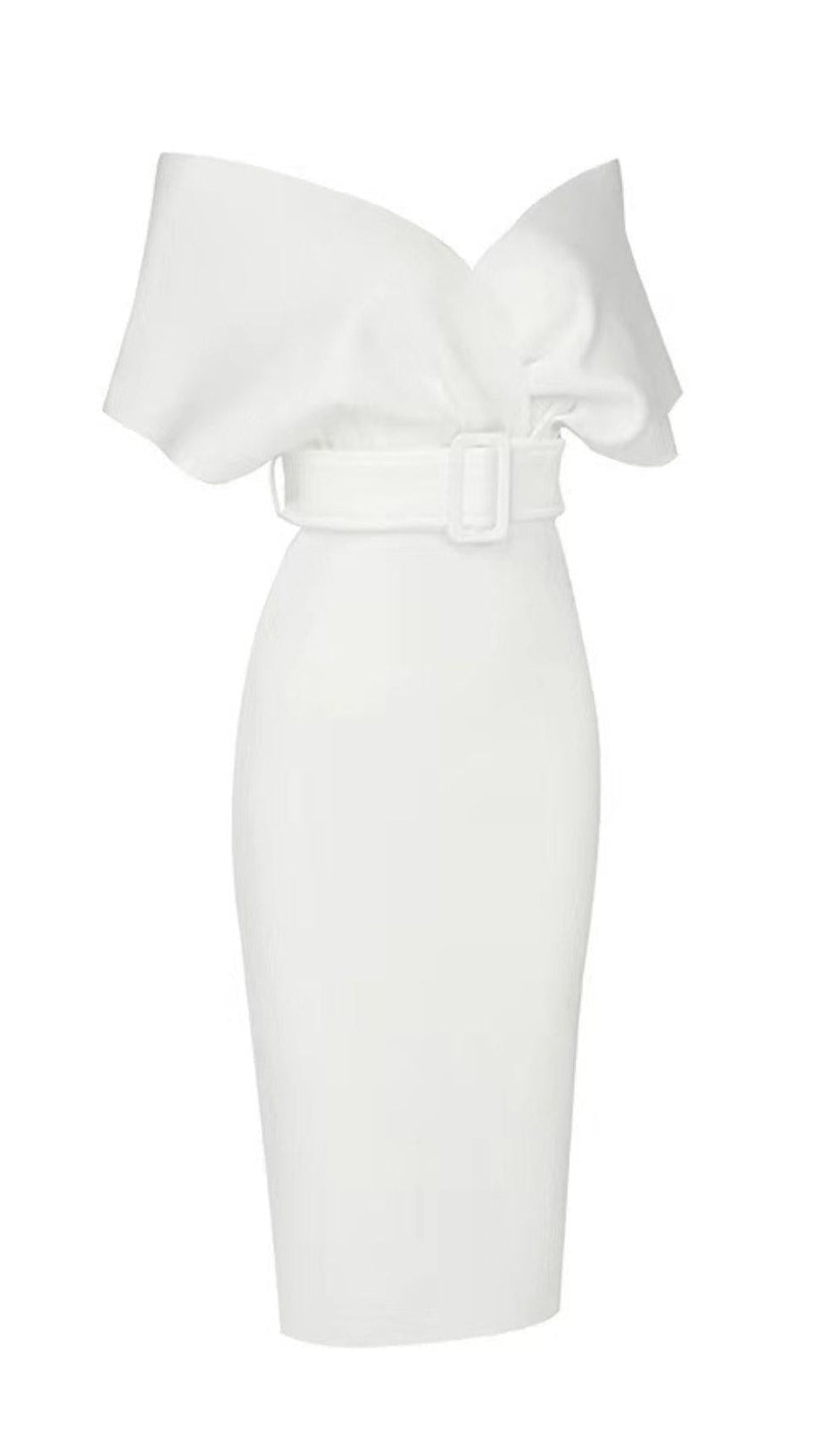 OFF SHOULDER V NECK BODYCON MIDI DRESS IN WHITE