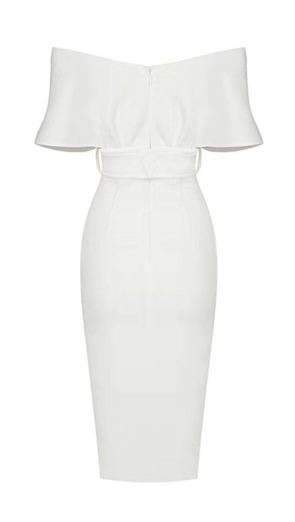 AIIZIE OFF SHOULDER V NECK BODYCON MIDI DRESS IN WHITE - product image