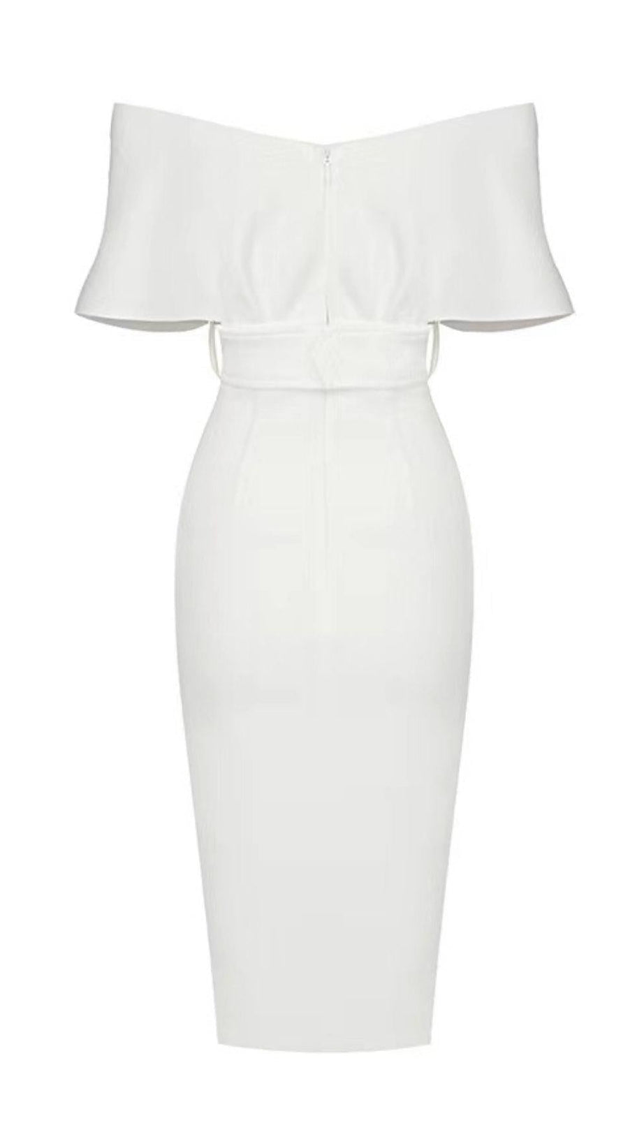 OFF SHOULDER V NECK BODYCON MIDI DRESS IN WHITE