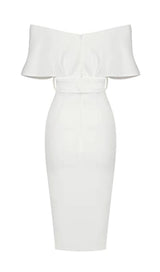 OFF SHOULDER V NECK BODYCON MIDI DRESS IN WHITE