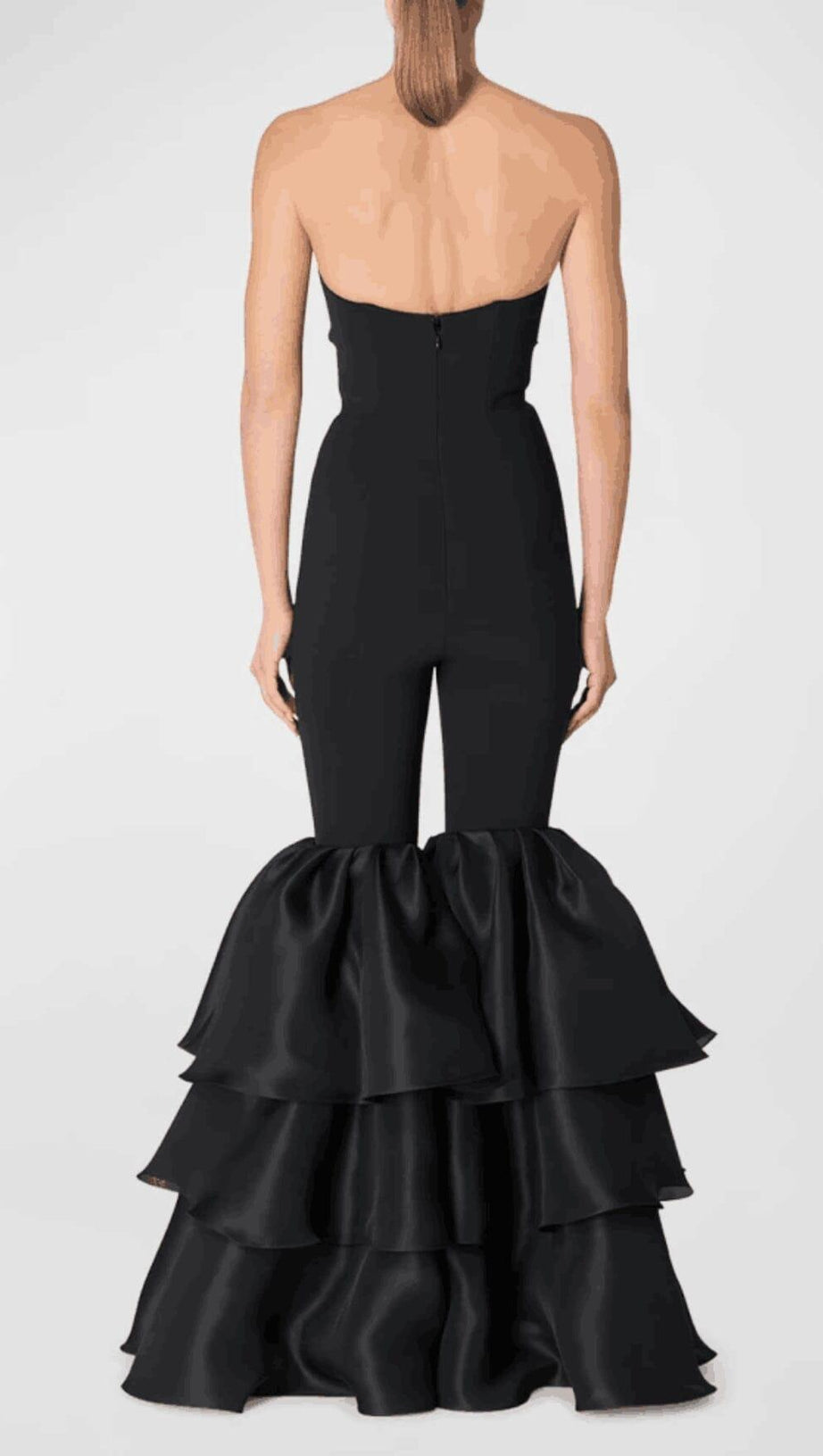 BLACK STRAPLESS JUMPSUIT WITH TIERED RUFFLE HEM