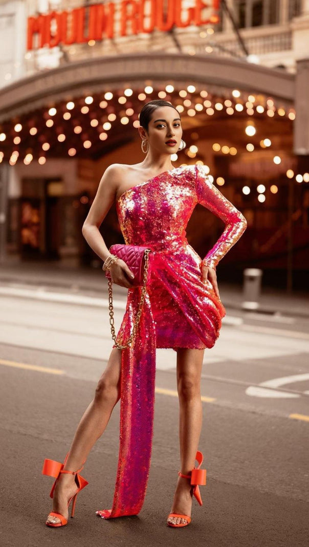 AIIZIE SEQUIN ONE SHOULDR MINI DRESS IN PINK - product image