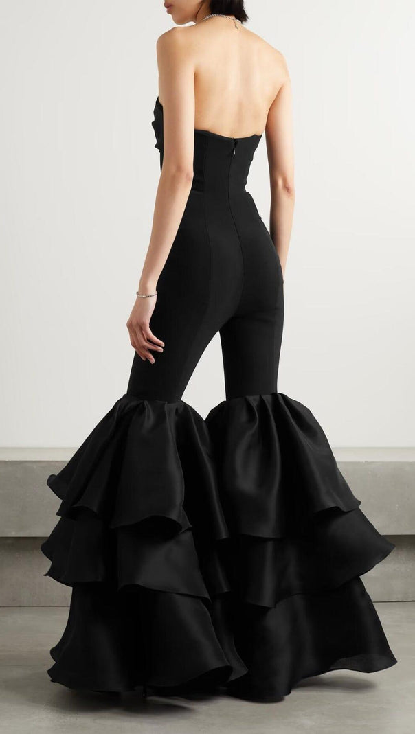 AIIZIE BLACK STRAPLESS JUMPSUIT WITH TIERED RUFFLE HEM - product image