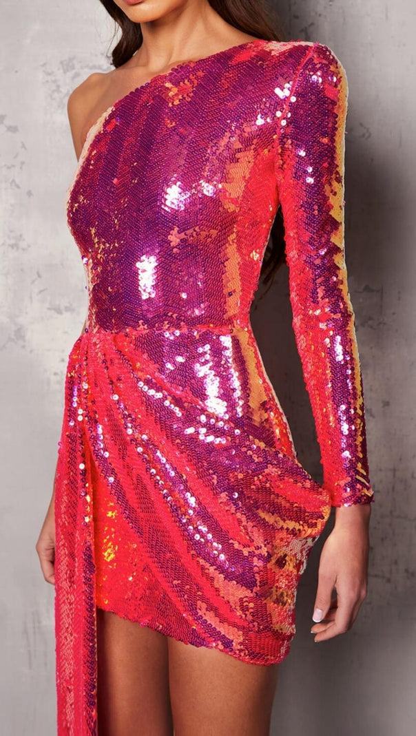 MINI ABITO MONOSPALLA CON PAILLETTES ROSA
