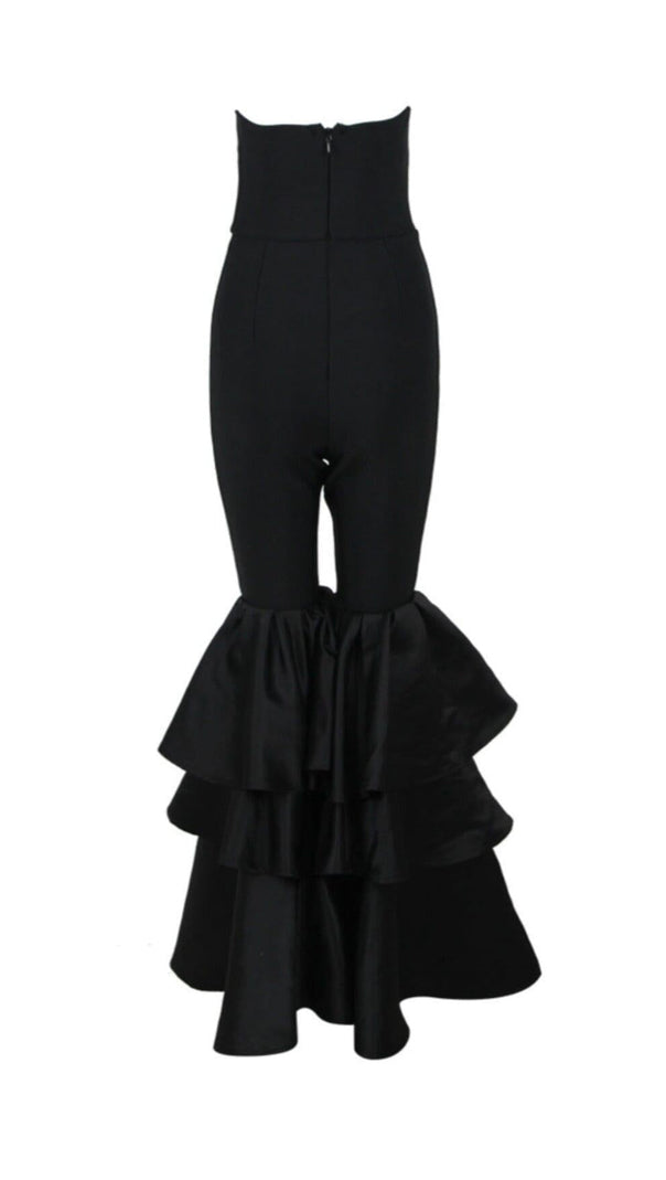 AIIZIE BLACK STRAPLESS JUMPSUIT WITH TIERED RUFFLE HEM - product image