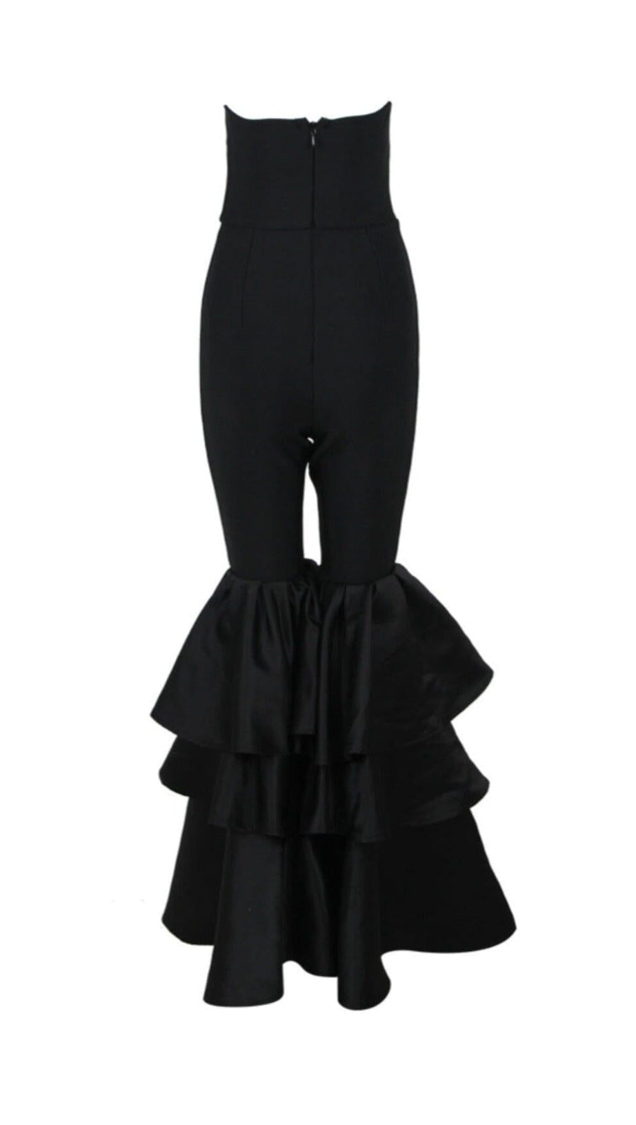 BLACK STRAPLESS JUMPSUIT WITH TIERED RUFFLE HEM