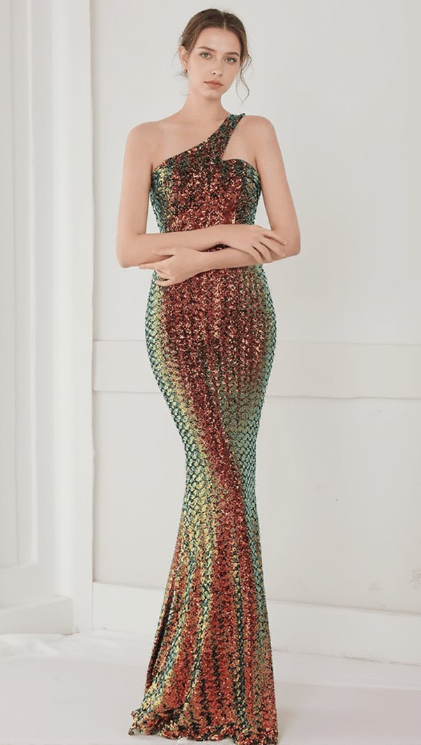 AIIZIE ANURA SEQUIN ONE SHOULDER PLEAT DRESS - product image