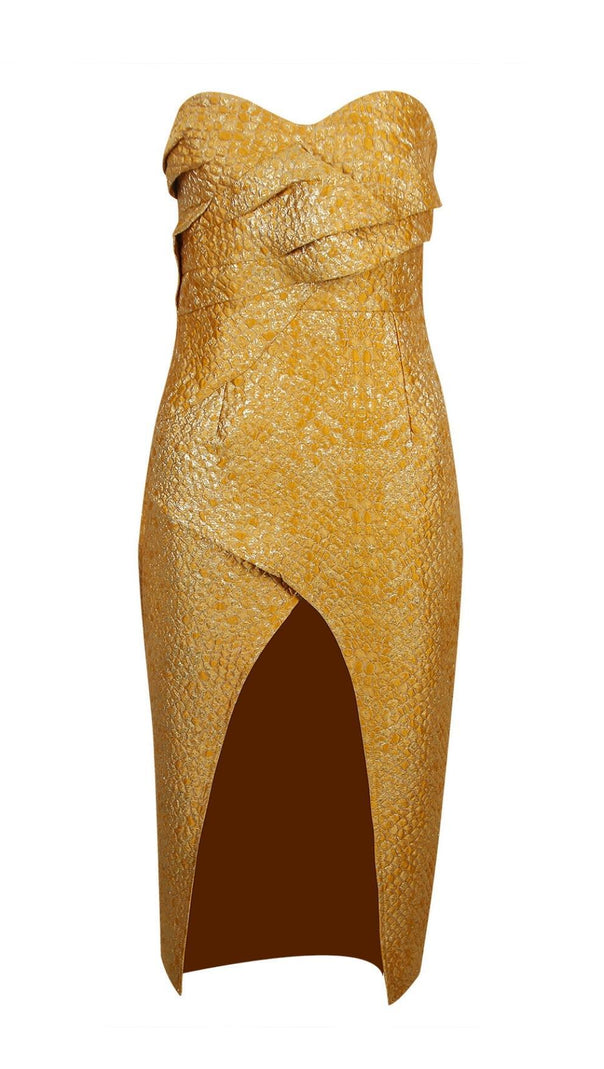 AIIZIE STRAPLESS SPLIT MIDI DRESS IN GOLD - product image