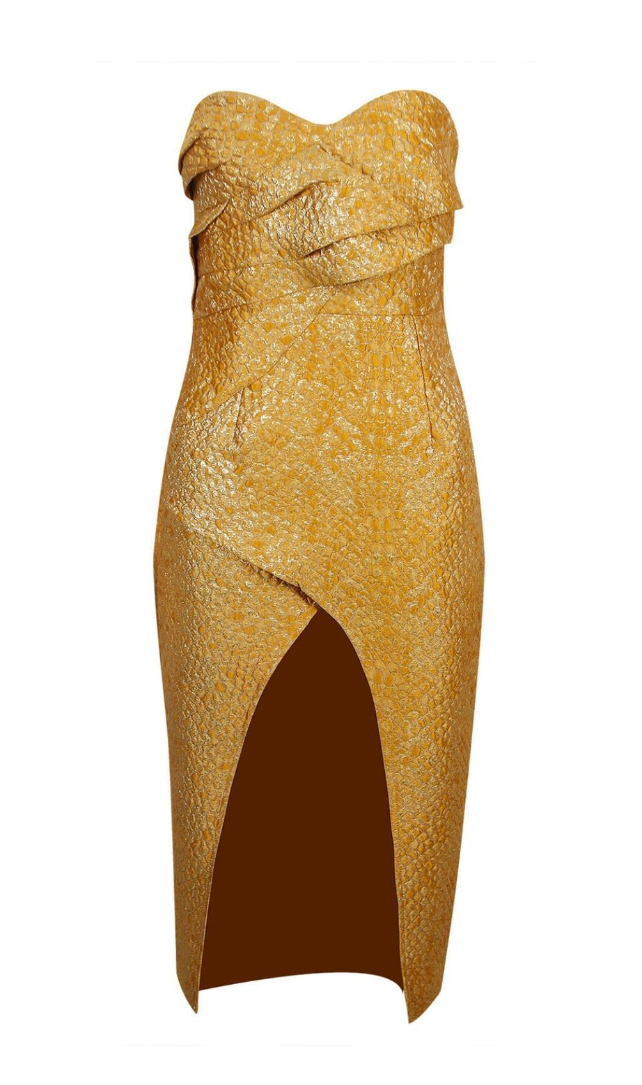 TRÄGERLOSES MIDIKLEID MIT GESCHLAGENEM RÜCKEN IN GOLD