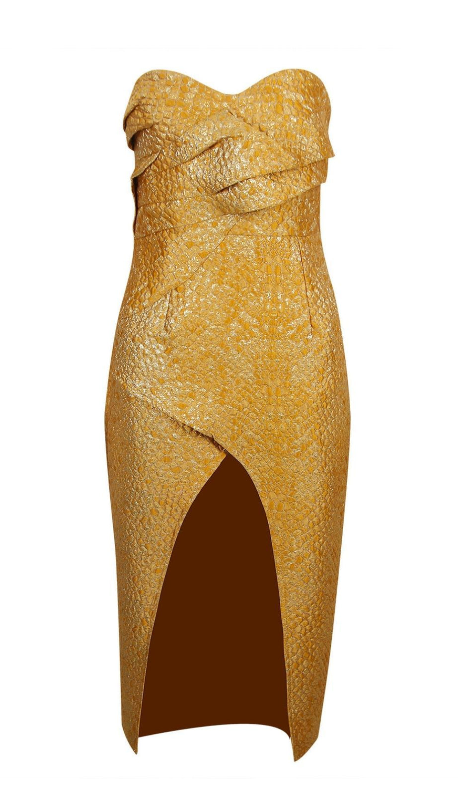 TRÄGERLOSES MIDIKLEID MIT GESCHLAGENEM RÜCKEN IN GOLD