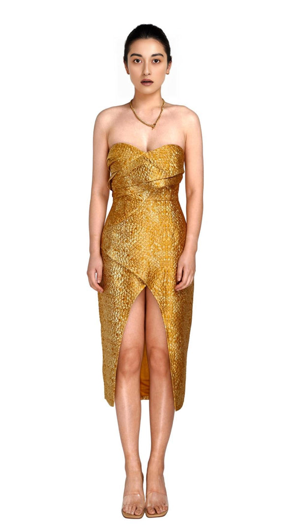 AIIZIE STRAPLESS SPLIT MIDI DRESS IN GOLD - product image