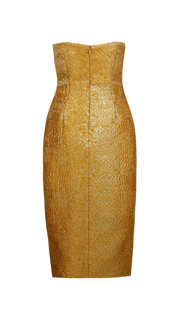 AIIZIE STRAPLESS SPLIT MIDI DRESS IN GOLD - product image