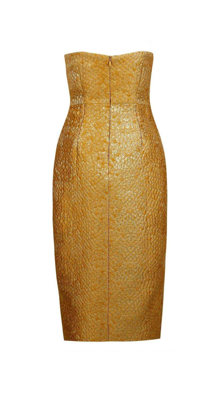 STRAPLESS SPLIT MIDI DRESS IN GOLD