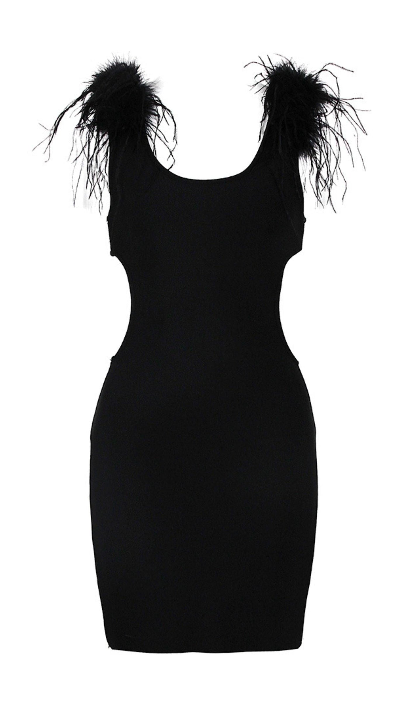MESH FEARHER BANDAGE MINI DRESS IN BLACK