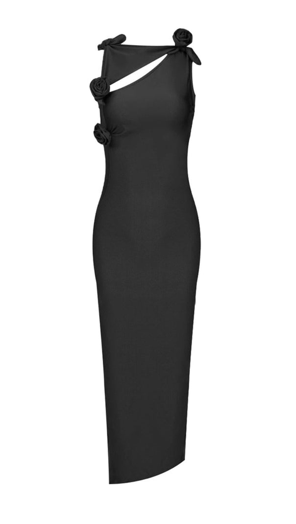 AIIZIE BLACK ROSE PETAL MIDI DRESS - product image
