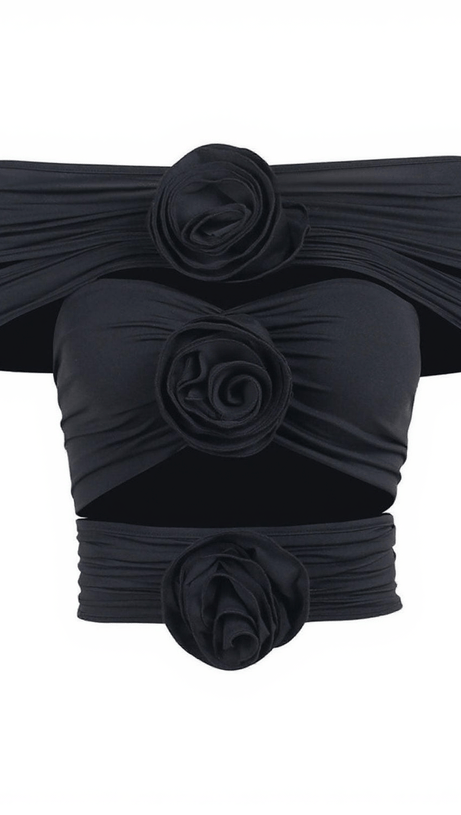 Demetria – Schwarzes Oberteil mit Blumenausschnitt