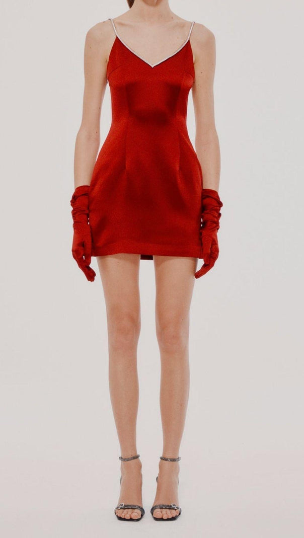 AIIZIE SATIN BOW BACK MINI DRESS IN WINE RED - product image